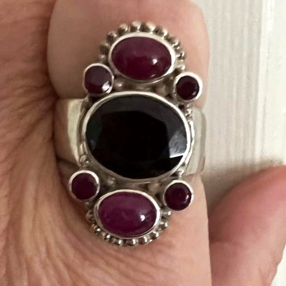 Absolutely Stunning Multi Gemstone Sterling Silver Sajen Ring ~ Garnet and Ruby